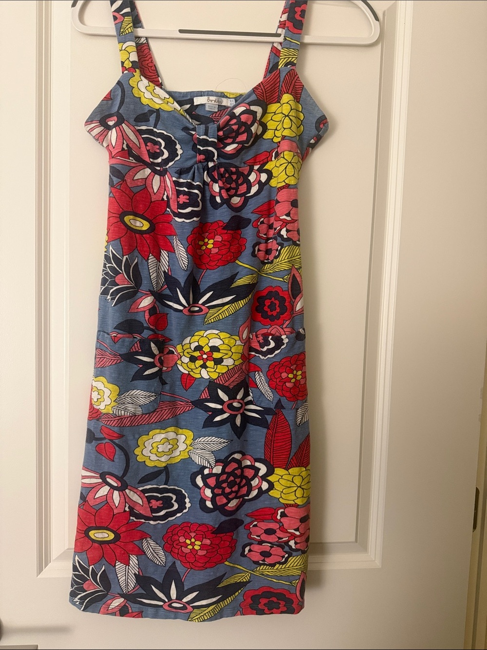 Boden Blue Floral Midi Dress with Pink, Red and Yellow Detail